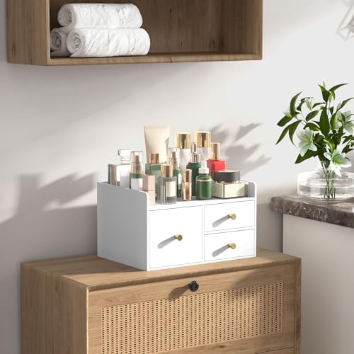 Bamboo Desk Organizer with Drawers,Wooden Desktop Storage (3 Drawer,White)