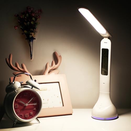 IHAO 7-Color Gradient Ambient Desk Lamp with LED Display Eye-Caring LED Table Lamp with Calendar, Temperature Display, Multi-Angle Adjustable Modern Office Lamp for Home & Office T19A White