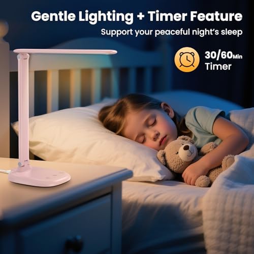 Desk Lamp with Charger, 10%-100% Stepless Dimmable & 5 Color Modes Study Lamp, Touch Control, 30-/60-minute Timer, USB Charging Output Port, CRI≥90, Eye-Caring Foldable LED Desk Lamps for Home Office