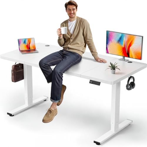 White 63x30 in Electric Standing Desk, 1 Inch Thick Tabletop