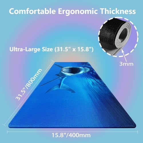 Great White Shark Large Mouse Pad, Blue Ocean Fish Desk Mat