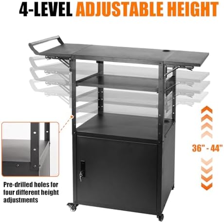 Large Mobile AV Cart with Locking Cabinet and Drop Leaves, Height Adjustable Steel AV Cart with Wheels and Power, Rolling Computer Cart with Pullout Keyboard Tray for Office, Warehouse &Classroom