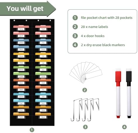 ANCOMEDO 28 Pocket Hanging Wall File Organizer with 28 Name tag Pockets, File Storage Pocket Chart for Classroom and Office Use. Keeps Assignments, Files, Scrapbooks, and Papers Neatly Organized.