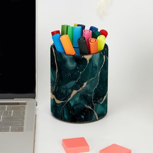 Emerald Green Marble Pen Holder Pencil Organizer Cute Pencil Cup Desk Decor Makeup Brush Holder PU Multifunctional Office Supplies for Home Classroom School