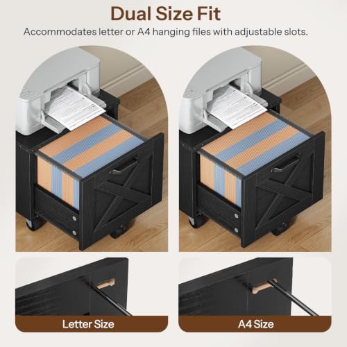 HOOBRO Farmhouse File Cabinet, Small Rolling File Cart Under Desk, 1-Drawer File Cabinet for Home Office, Printer Stand with Drawers, File Organizer Fits A4/Letter Size, Black, BK34WJ01