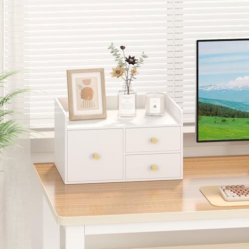 Bamboo Desk Organizer - Stackable, No Assembly Required, Ideal for Office/Home Use - Perfect for Toiletries, Stationery, Accessories. (White, Square drawer to the left of the fence)