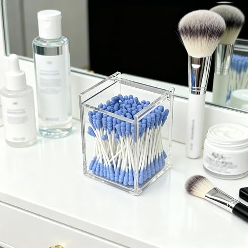 Clear Acrylic Qtip Holder with Lid, Cotton Balls Swab Organizer