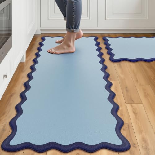 Arenarug Scalloped Kitchen Mats for Floor, Navy Blue Kitchen Rugs Set of 2