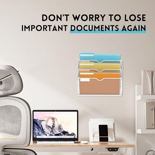 SUPEASY 3-Tier Wall File Organizer, Hanging Wall Mounted Mail Organizer with Label Slots, Metal Mesh File Holder Magazine Rack for Office, Home, School or Classroom, White