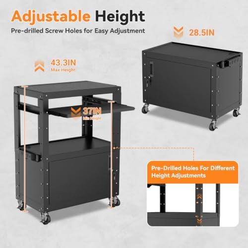 Mobile AV Cart, Adjustable Height Rolling Computer Cart with Pullout Keyboard Tray – Locking Cabinet, 3 Outlets & 2 USB Ports, Lock Brake Casters–Media Utility Cart on Wheels for Home/Office