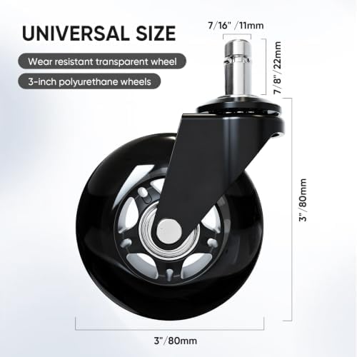 Office Chair Wheels - Replacement Rubber Wheels - Universal Fit 3" Casters