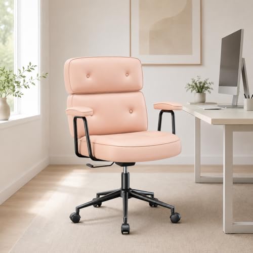 Ergonomic Home Office Desk Chair, PU Leather Computer Chair with Lumbar Support, Adjustable Height, 360° Swivel Rolling Wheels, Executive Task Chair for Office, Gaming, Meeting Room, Pink