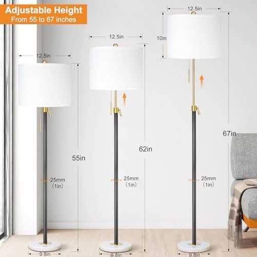 Qingmiao Floor Lamp for Living Room Adjustable Tall Standing Lamp, 3-Way Dimmable Floor Lamp for Bedroom Office, Black Gold Lamp with Marble Base and White Linen Shade