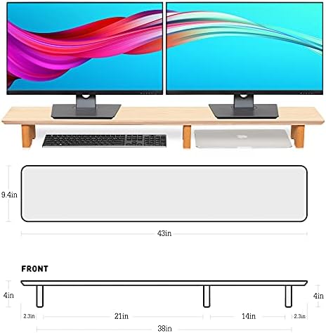 Aothia 43 inch Oak Solid Wood Dual Monitor Stand for Desk, Cork Legs