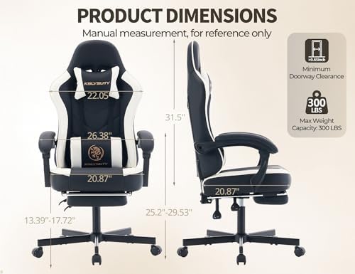 Office Desk Computer Gaming Chair for Adults, Ergonomic High Back Gamer Chair with Massage and Pocket Spring Cushion, Swivel Comfy Video Game Chairs with Footrest and Lumbar Support (Black White)