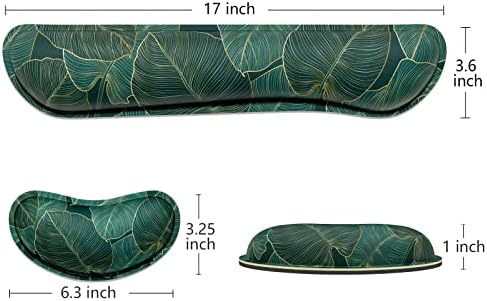 Dapesuom Enlarge Keyboard Wrist Rest, Memory Foam Wrist Cushion for Desk Mats Support, Cute Pain Relief Keyboard Mouse Pad Rests Set with Non-Slip Base for Gaming Laptop Office Computer, Green Leaf