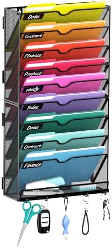 10-Tier Wall File Organizer with Hook, Hanging File Organizer Black