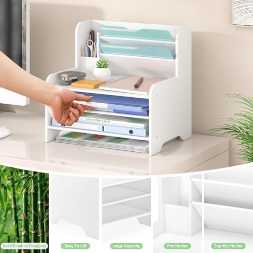 Bamboo File Organizer for Desk, Desktop Paper Tray and Mail Holder