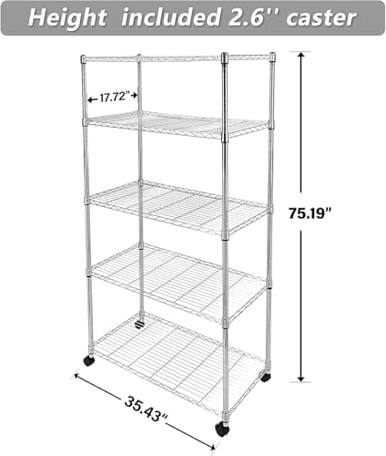 Simple Deluxe 5-Tier Heavy Duty Storage Shelves, 1750 Lbs Loading Capacity, 35.43" W x 17.72" D x 70.87" H Adjustable Shelving Unit with Wheels, Chrome