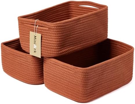 MiniArk Small Storage Baskets for Organizing | Closet Organizer Bins | Shelf Toy Basket | Woven Rope Baskets | Cube Decorative Box | Shallow Basket | 13x8.5x5.1” | 3 Packs Oxide Red
