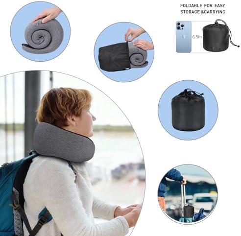 Neck Travel Pillows for Airplanes Memory Foam Neck Comfort Pillow Compact Ergonomic Design Sleeping Essentials for Long Flights Car Rides and Home Use (Grey)