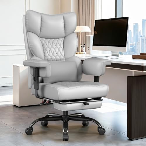 Misolant Big and Tall Office Chair with Footrest, High Back Executive Desk Chair with Adjustable Lift Armrest, 155°Recline，Lumbar Support Pillow, Faux Leather Gaming Chairs for Home or Office Gray