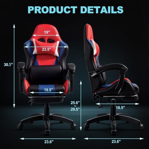 J.M.-Deco Gaming Chair Office Chair-Big and Tall Office Ergonomic Chair with Foot Rest - Comfy Desk Chair with Lumbar Support,Black and Red