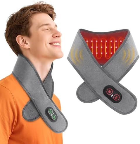 Electric Neck Heating Pad Cordless with Massage, Heated Neck Wrap with 660nm 850nm Red Light, 3 Heat Levels 3 Vibration Modes, Portable Neck Massager for Pain Relief, 3000mAh Rechargeable
