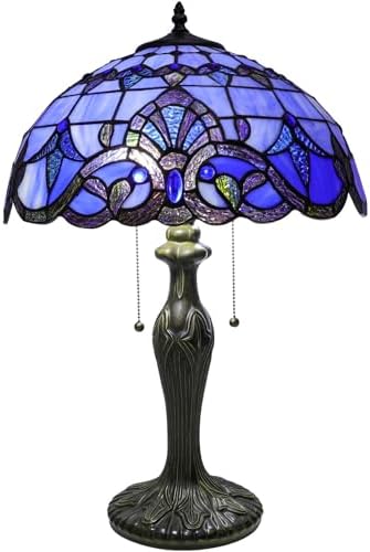 Stained Glass Table Lamp, Adjustable 3 Color Temperature,Blue Baroque Style Lampshade & Plant Texture Curve Antique Base Desk Reading Light 16X16X24 Inches Decor for Bedroom Living Room Office