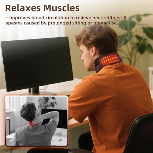 Cordless Neck Heating Pad for Pain, Neck Massager with 660nm 850nm Red Light, Heated Neck Wrap with 3000mAh Rechargeable, 3 Levels Heat & Massage, Black