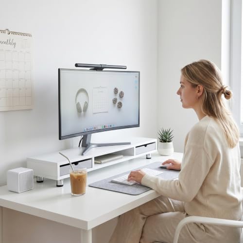 Fenge Dual Monitor Riser with 2 Drawers, 42.5in Long Desk Shelf, White