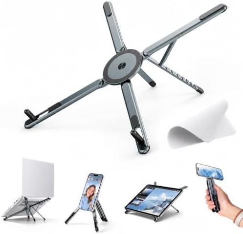 3-in-1 Magnetic Laptop Stand for Desk, Foldable Adjustable Laptop Riser with MagSafe Phone Holder, Ergonomic Aluminum Laptop Stand Tablet & Smartphone, Portable Travel Stand (Silver-Gray)