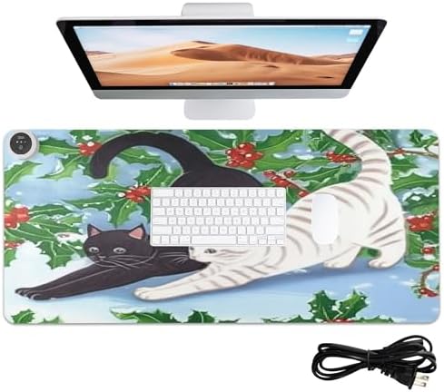 Cat Stretching Heated Mouse Pad Gaming Mouse Pad Waterproof PU Leather Mat Keep Your Hand Foot Warmer, 3 Heat Levels & Auto Shut-Off for Home Office 13x31.5 in