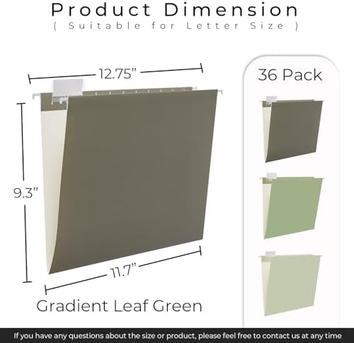 Y YOMA 36 Pack Gradient Hanging File Folders Letter Size Decorative Hanging Folder Pretty File Folder Organizer for Filing Cabinet Office Home with 1/5-Cut Adjustable Tabs, Leaf Green