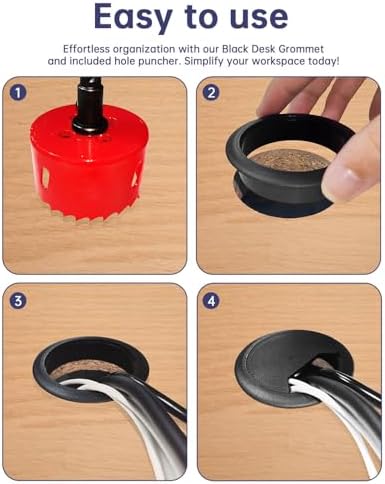 Desk Grommet & Cable Grommet 2 Inch (10 Pack) - Black Desk Hole Cover with Hole Saw - Cable Management Kit for Office, TV Stand, Workstation - Hide Wires Behind Wall, Cable Pass Through (50mm)