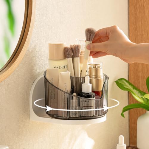 Makeup Brush Holder 360° Rotatable Cosmetic Organizer, Wall Mounted & Desktop Make Up Brushes Organizer with 6 Slots, Multifunction Stationery Desk Storage Holder (Black)