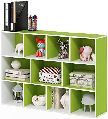 Furinno LUDER Book Shelf, 11-Cube Bookshelf, Reversible Bookcase, 9.4 x 29.1 x 41.7, Easy Assembly, for Living Room, Bedroom, Home Office, White/Green