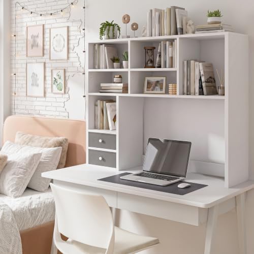 REIBII Desktop Bookshelf, 8 Shelves Desk Hutch for Dorm Room, White