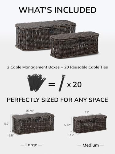 Cable Management Box, Cord Organizer with Lid & Cable Ties - Black Set