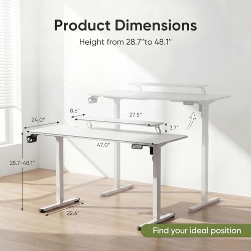Furmax Electric Standing Desk, 47 x 24 Inches Sit Stand up Desk, Sit Stand Height Adjustable Home Office Desk with Monitor Stand (White, 47)