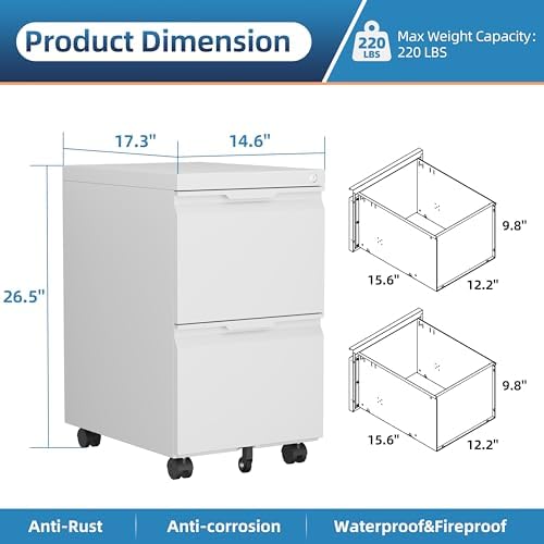 File Cabinet with Lock, 2 Drawer Mobile File Cabinet with Wheels, Metal Vertical File Cabinets for Home Office, Rolling Filing Cabinets Under Desk Storage for Letter/Legal/A4 Files