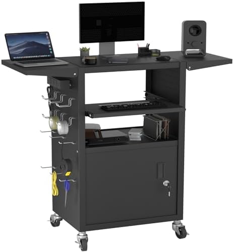 Mobile AV Cart with Pullout Keyboard Tray, Rolling Computer Cart Height Adjustable Rolling Media Utility Cart with 4 Wheels