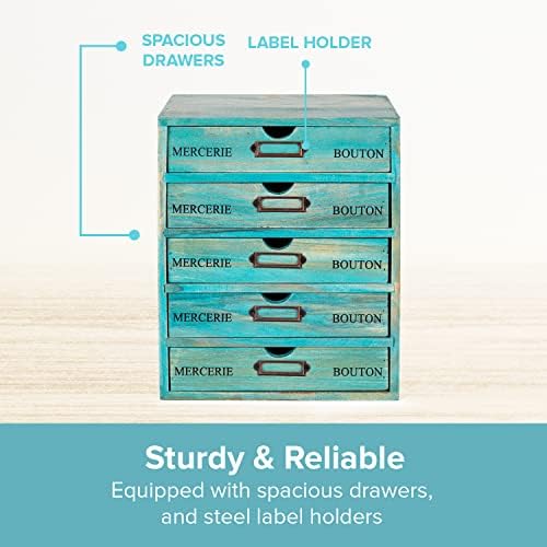 5-piece Full Matching Set Turquoise Wooden Cabinets,European Country Style Desk Organizer Boxes,Multi-level Teal Wooden Stackable Drawers,Countertop Organizer Drawers w/ Label Holder,Desktop Chests