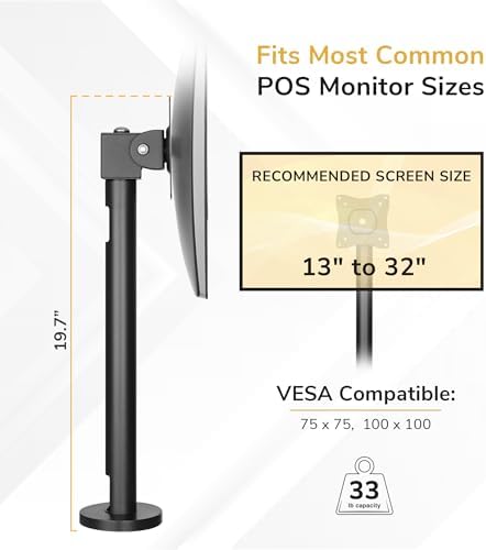 Mount-It! Fixed Height POS Monitor Mount – 19.7” Monitor Pole Mount for Retail Checkout Counters and Point of Sale Systems, Bolt-Down Base, VESA 75x75 & 100x100, Fits 13–32” Monitors, 33 lb Capacity