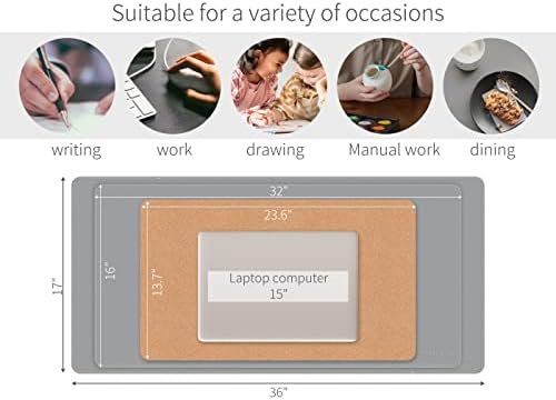 RENMTURE Dual-Sided Mouse Pad, Natural Cork & PU Leather Large Desk Pad for Office and Home Work, Desk Protector Non-Slip, Waterproof, Easy Clean (Gray, 32"x16")