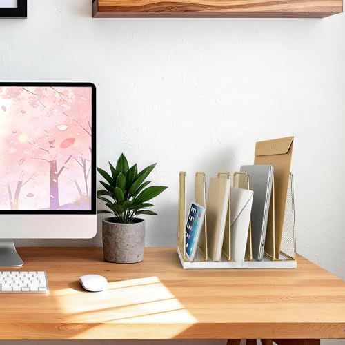 LEKETREE Gold Desk File Organizer, 5-Section Upright File Sorter, Vertical File Folder Holder, Mesh Metal Wood Office Desk Organizer for Document, Magazine, Books and more (White and Gold)