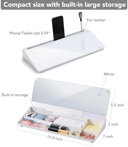 Varhomax Glass Desk Whiteboard with Built-in Mirror, Desktop Organizer