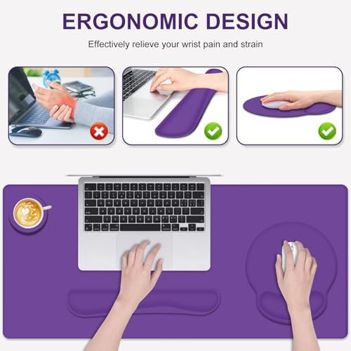 4 PCS Mouse Pad Desk Mat Protector, Keyboard Wrist Rest + Comfortable Mouse Pad Wrist Rest +Coaster, Large Gaming Mousepad for Computer Laptop, 35.4"X 15.7" Deskpad for Office Home I Dark Purple