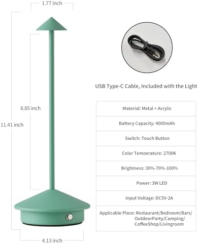 Modern Cordless Table Lamp Set of 2, Green Portable LED Desk Lamps