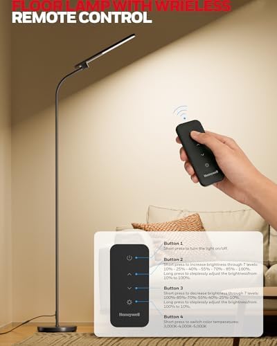 Honeywell LED Floor Lamp with Remote, CRI97 Dimmable Gooseneck 77" Black